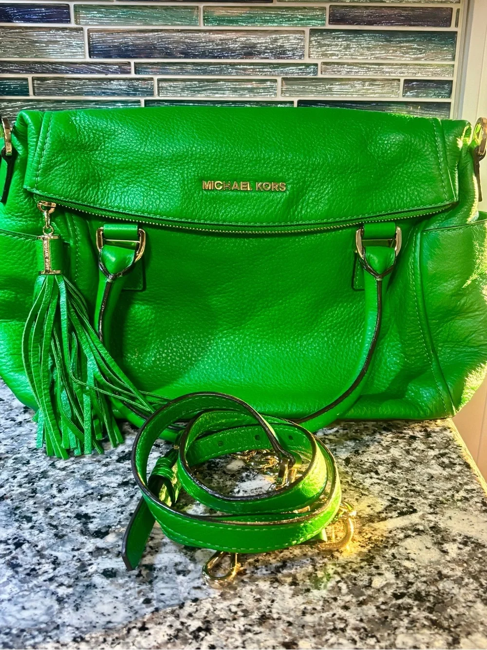 Limited edition Michael Kors Kelly Green leather selma handbag with tassel zip!